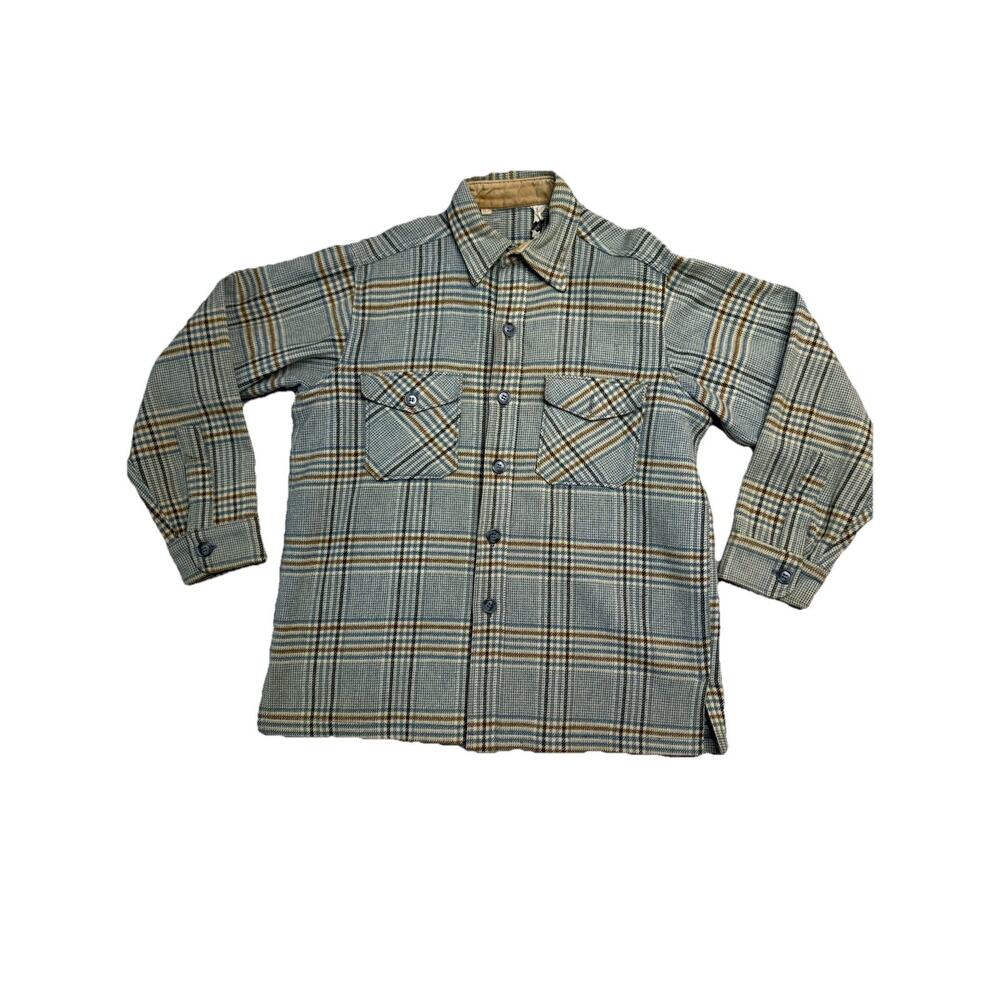 VTG 70s Woolrich plaid wool flannel long sleeve button shirt Size L Made In USA